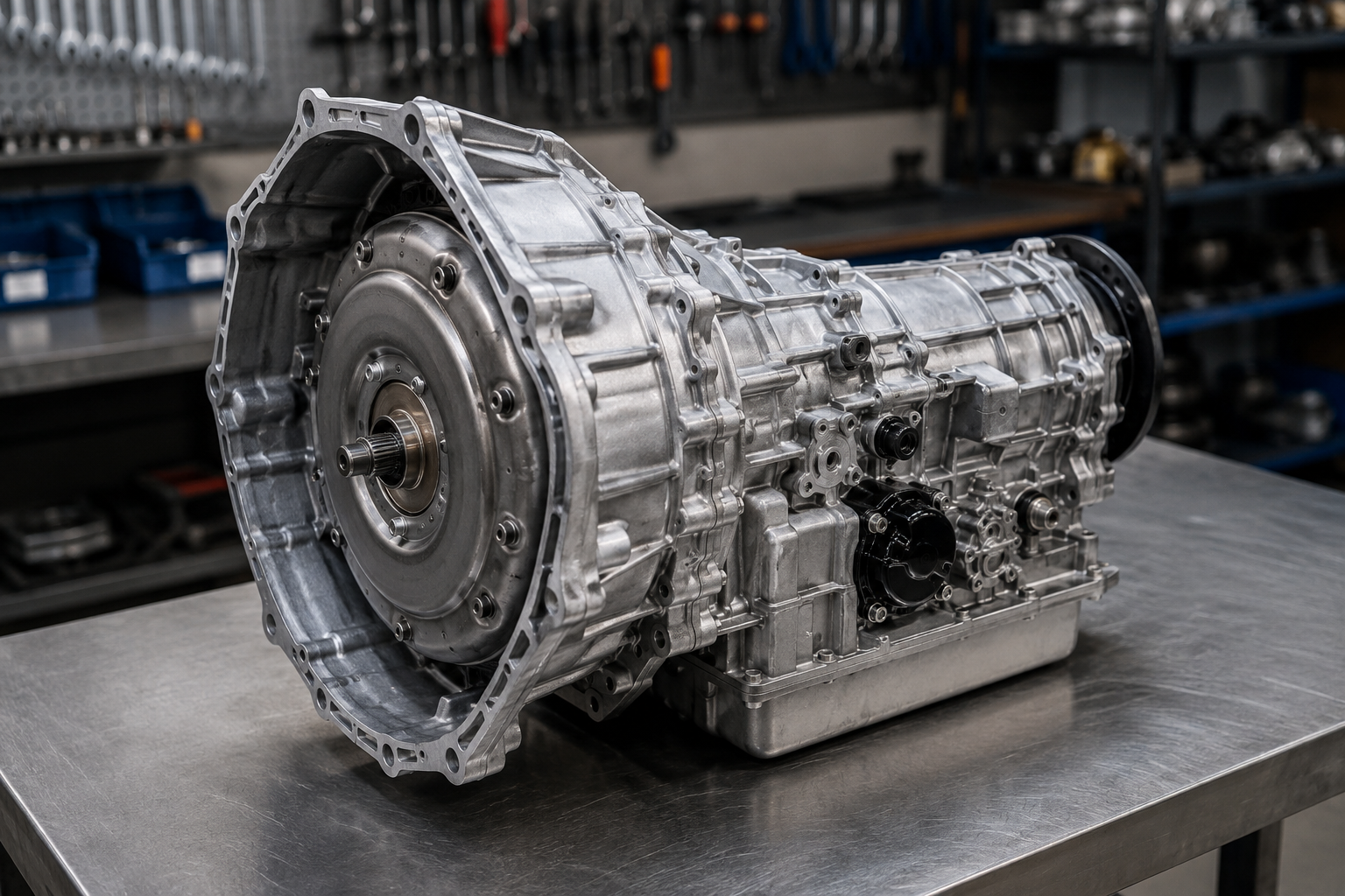Rebuilt transmission prepared for professional reinstallation and performance testing.