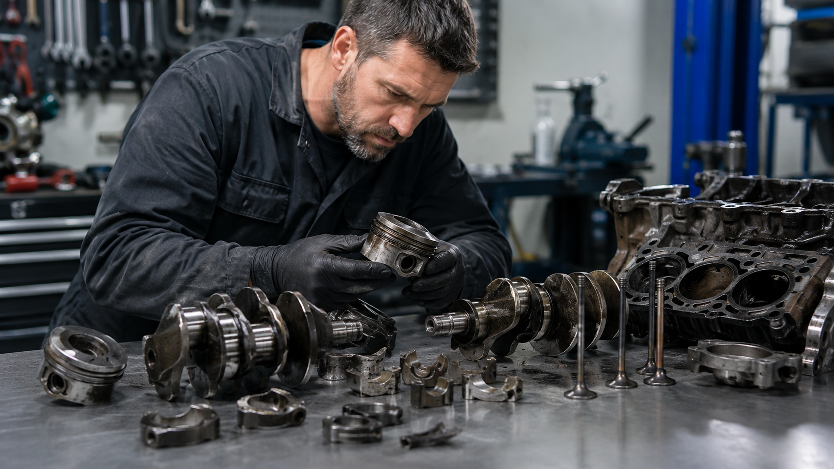 Engine rebuilding specialist examining worn internal components after a major engine failure.