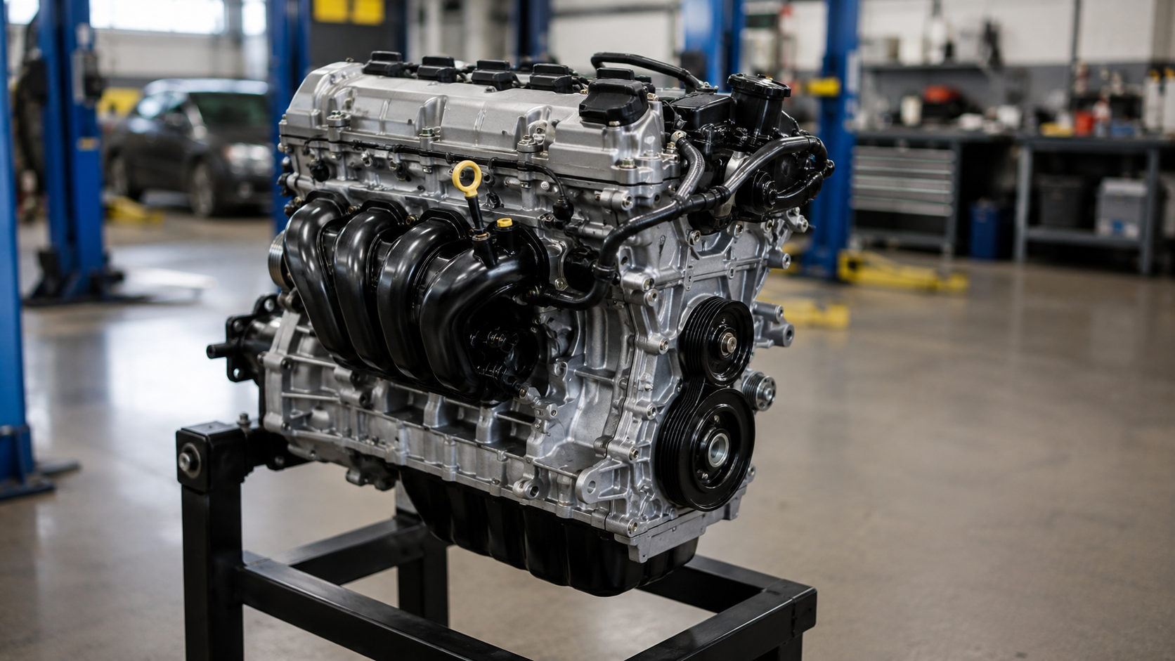 Replacement engine prepared for professional installation after severe internal engine damage.